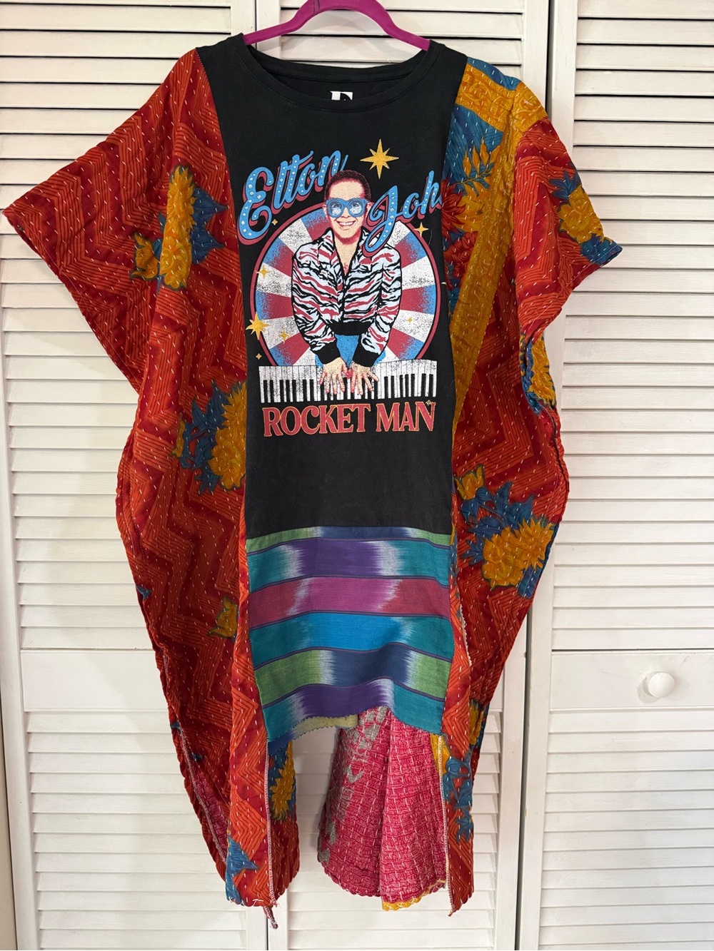 Elton John Rocket Man Graphic Upcycled Dress with Kantha PTP 36 L 43 small-4xl
